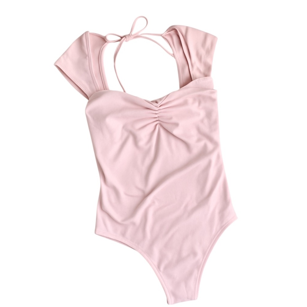 Pink Ruched Front Bodysuit – Open Back Tie Detail, Soft Stretchy One-Piece